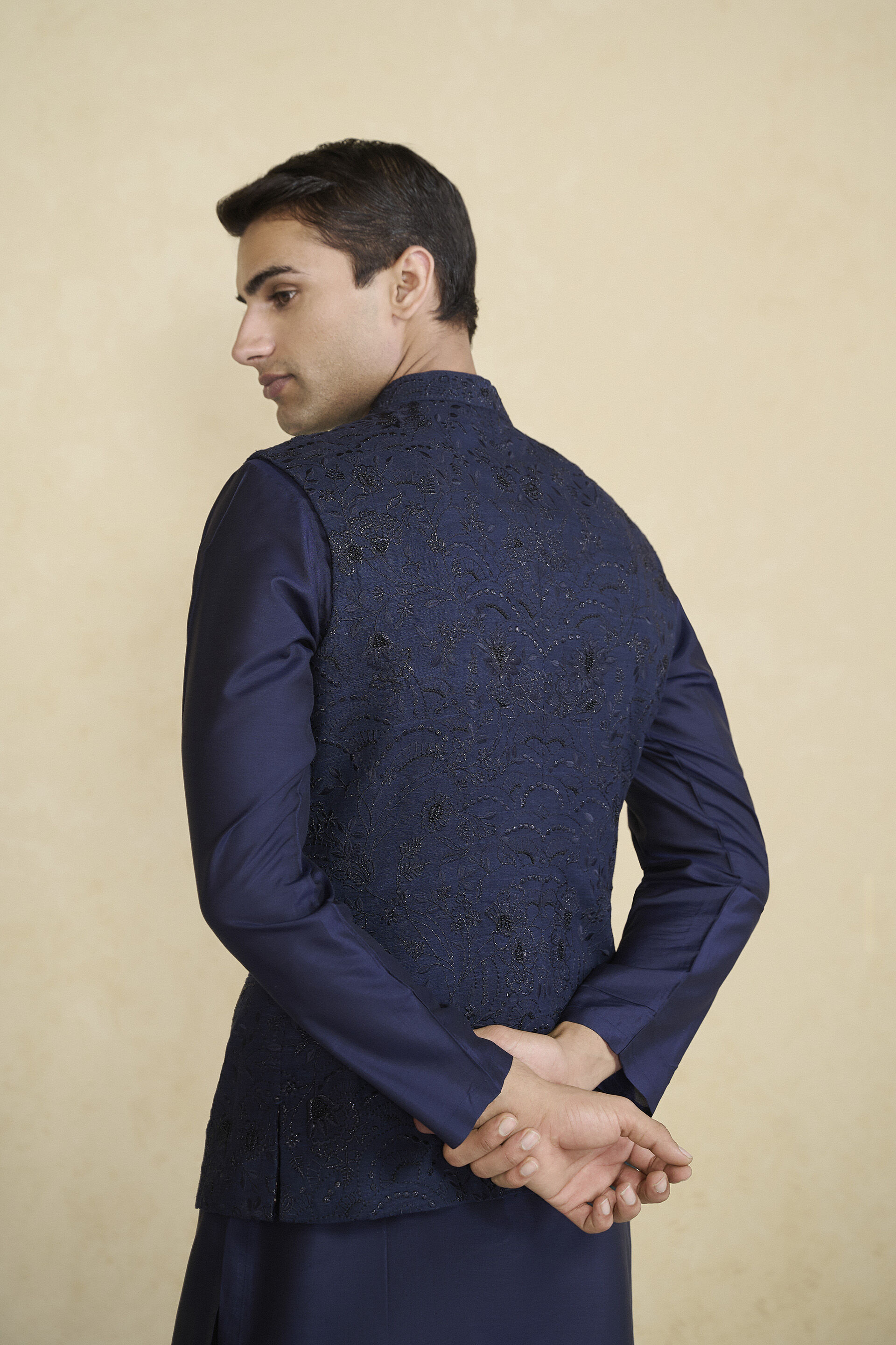 Banshik Hand-embroidered Silk Nehru Jacket - Navy, Navy, image 5